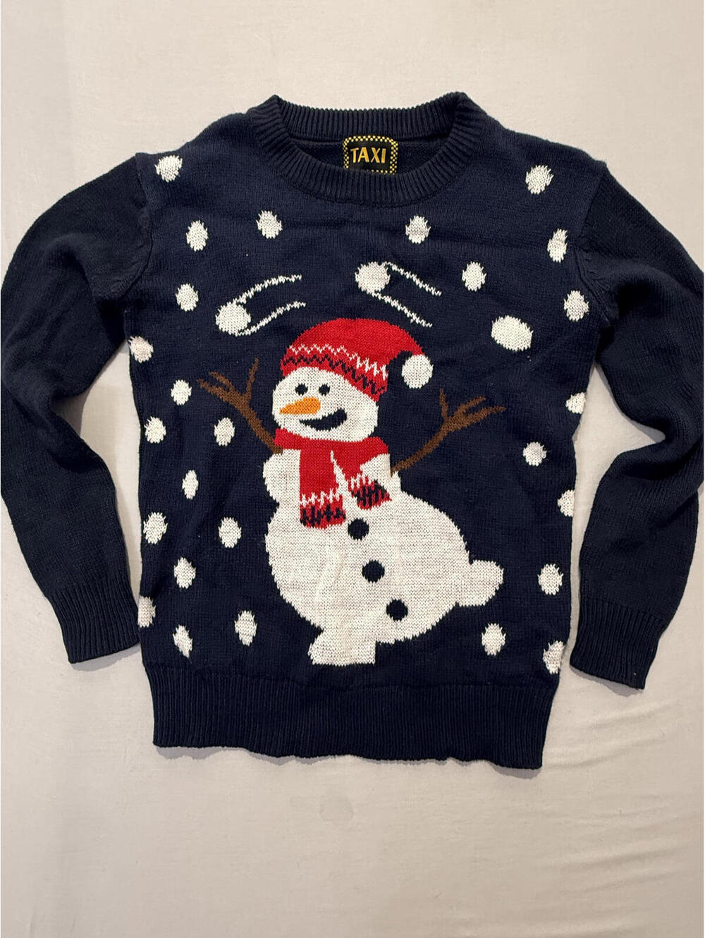 Taxi Unisex Kids Vintage Navy Blue Snowman Festive Christmas Sweater Size Small